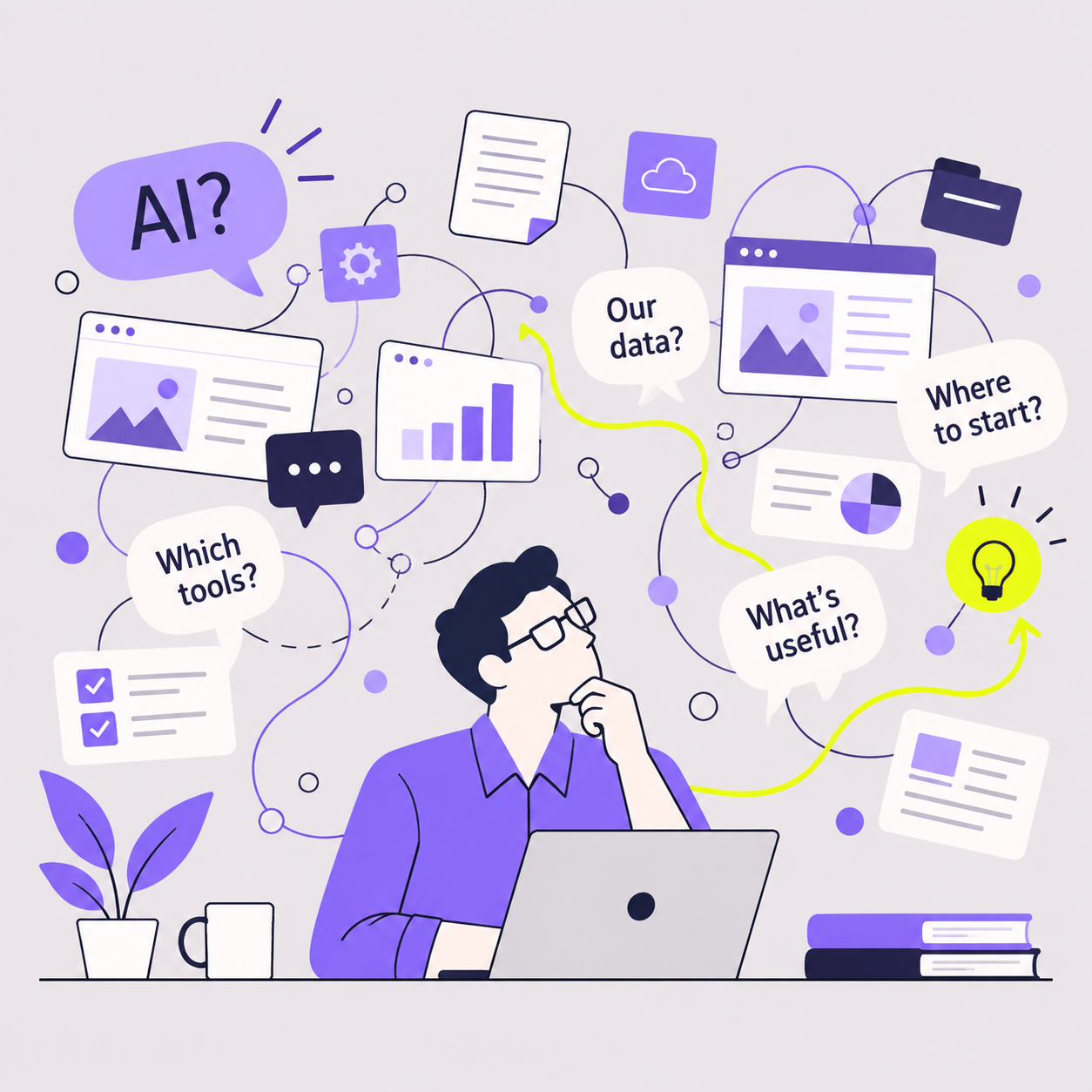 Questions about AI, tools and data surrounding a thoughtful business owner.